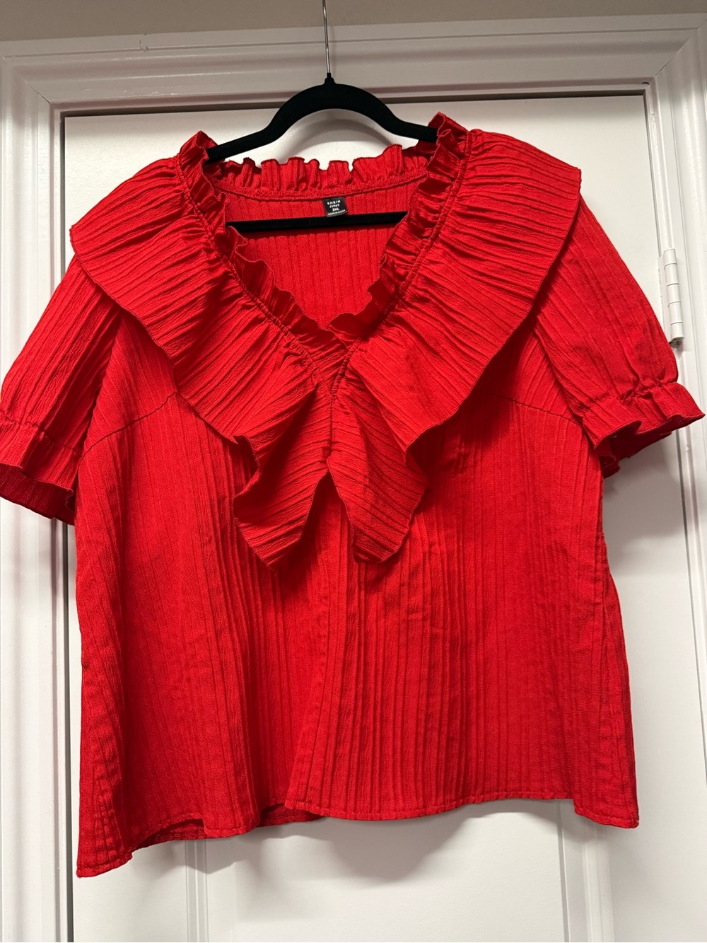Red Ruffle Collar Pleated Blouse Puff Sleeve Top Size 2XL NWOT